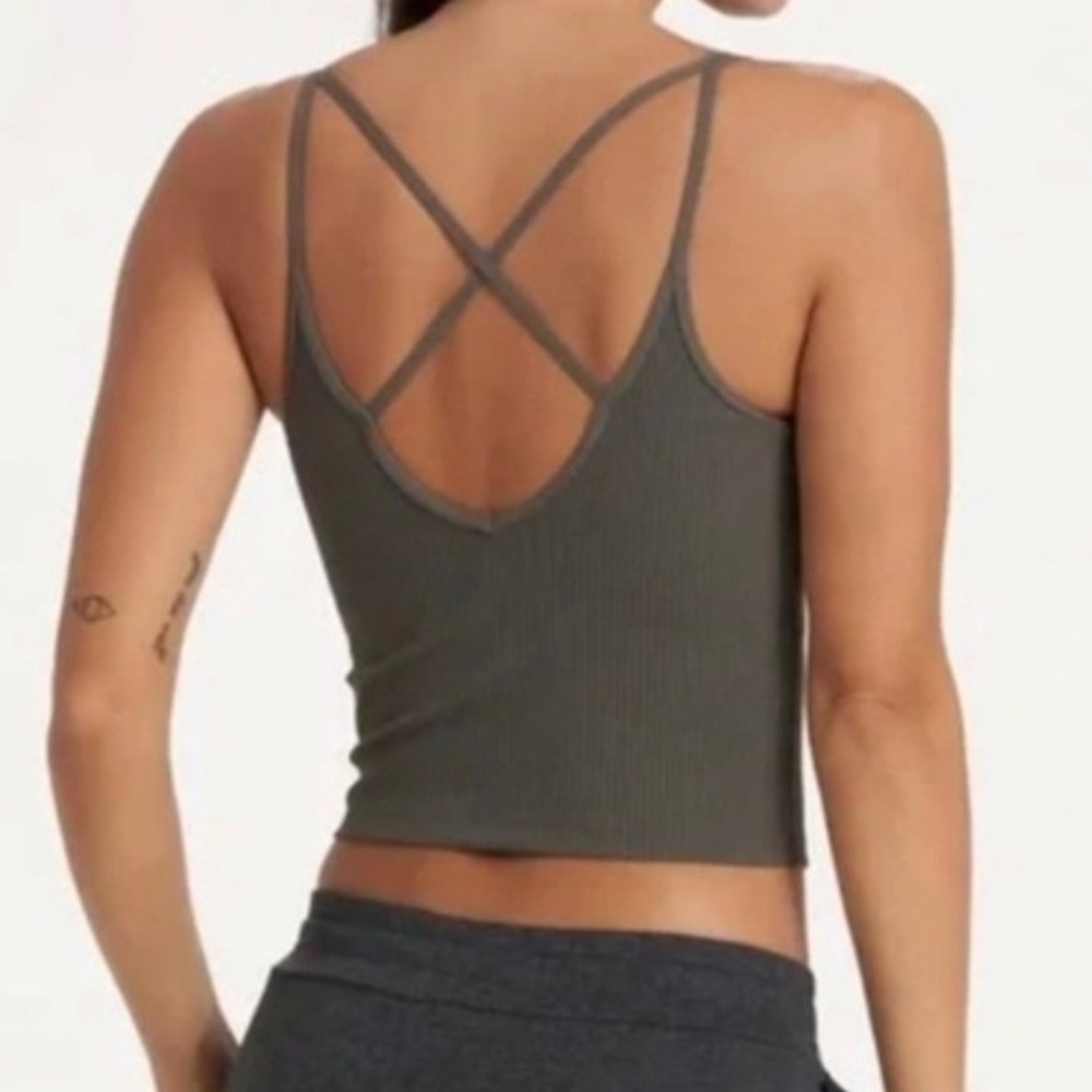 Vuori Ribbed Crop Tank Top Small Womens Olive Green Criss Cross Back Activewear